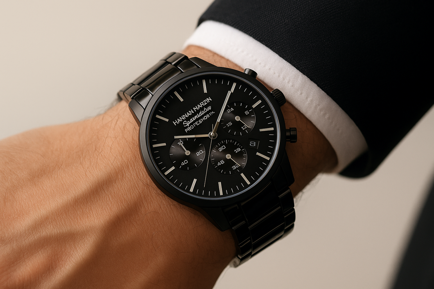 Men wearing luxury black chronograph minimalist watch lifestyle