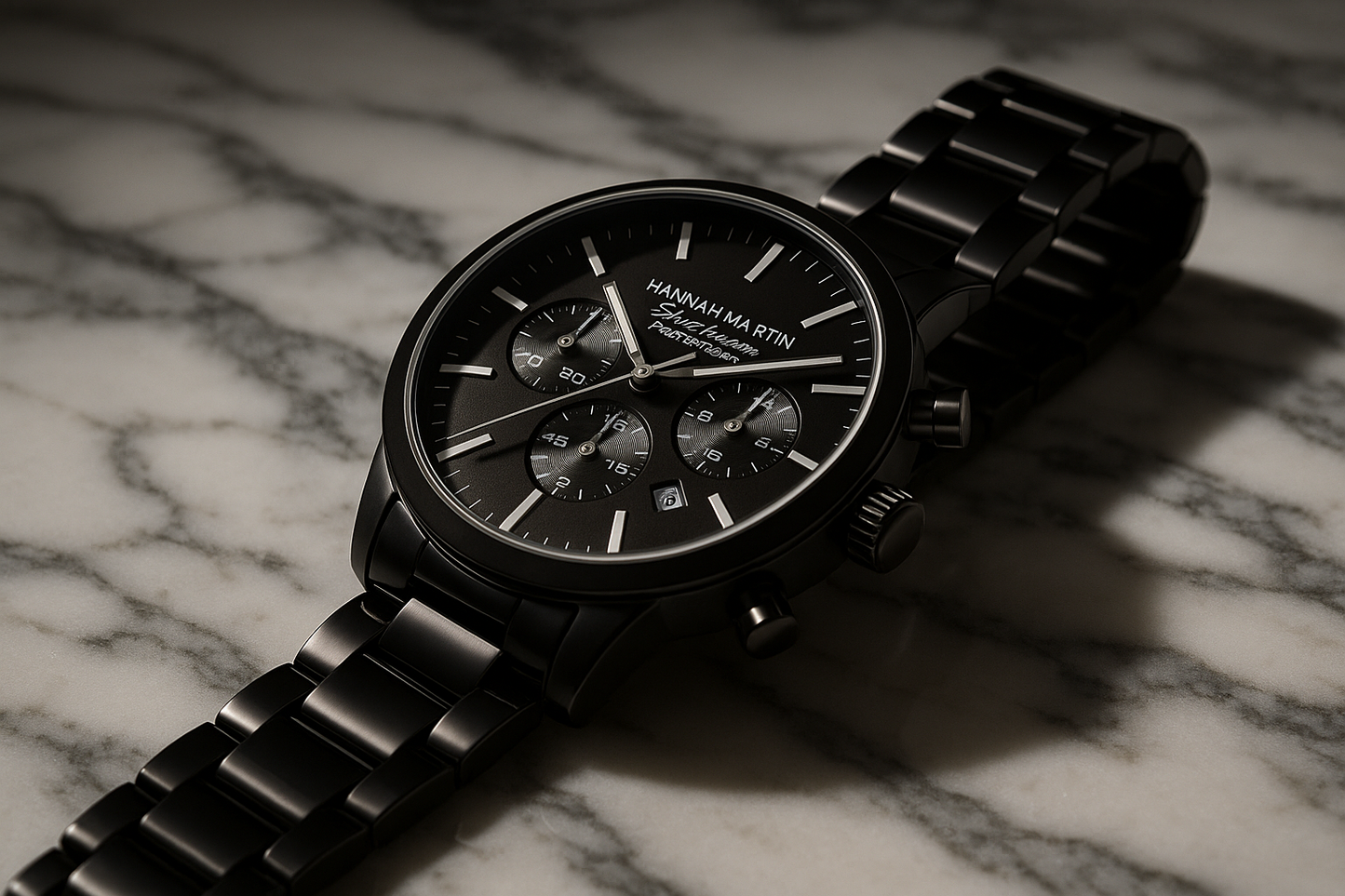 Premium black chronograph watch luxury minimalist design angle view