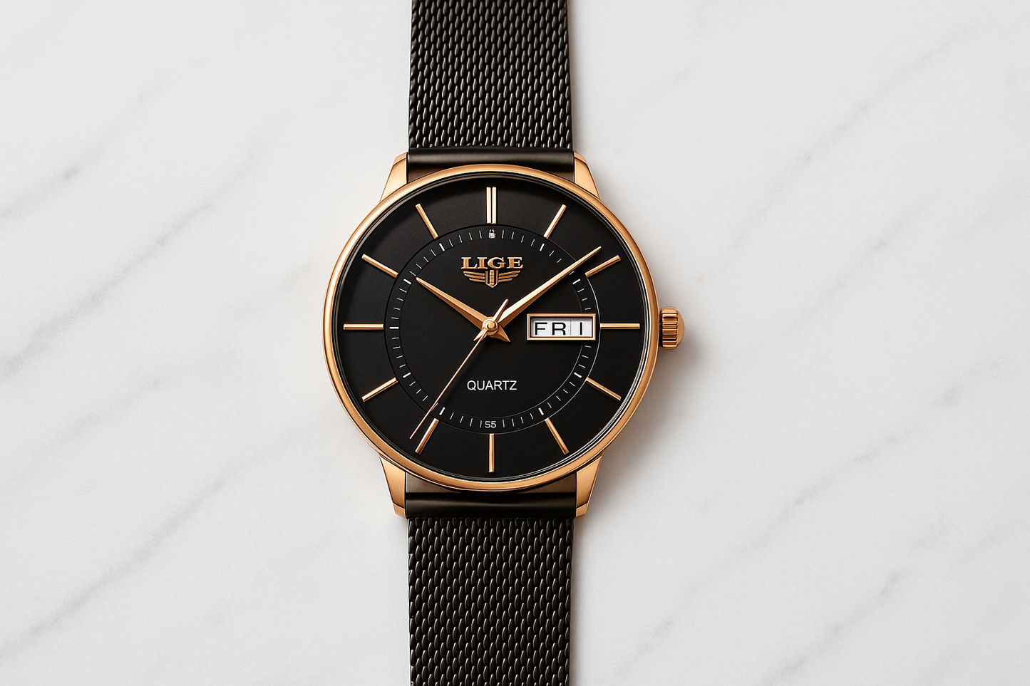 Black watch with rose gold accents on a white background