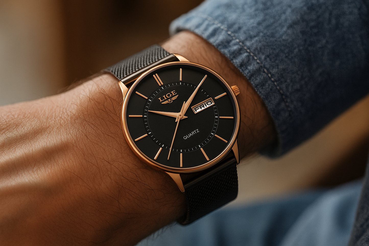 Close-up of a person's wrist wearing a black watch with a rose gold case.