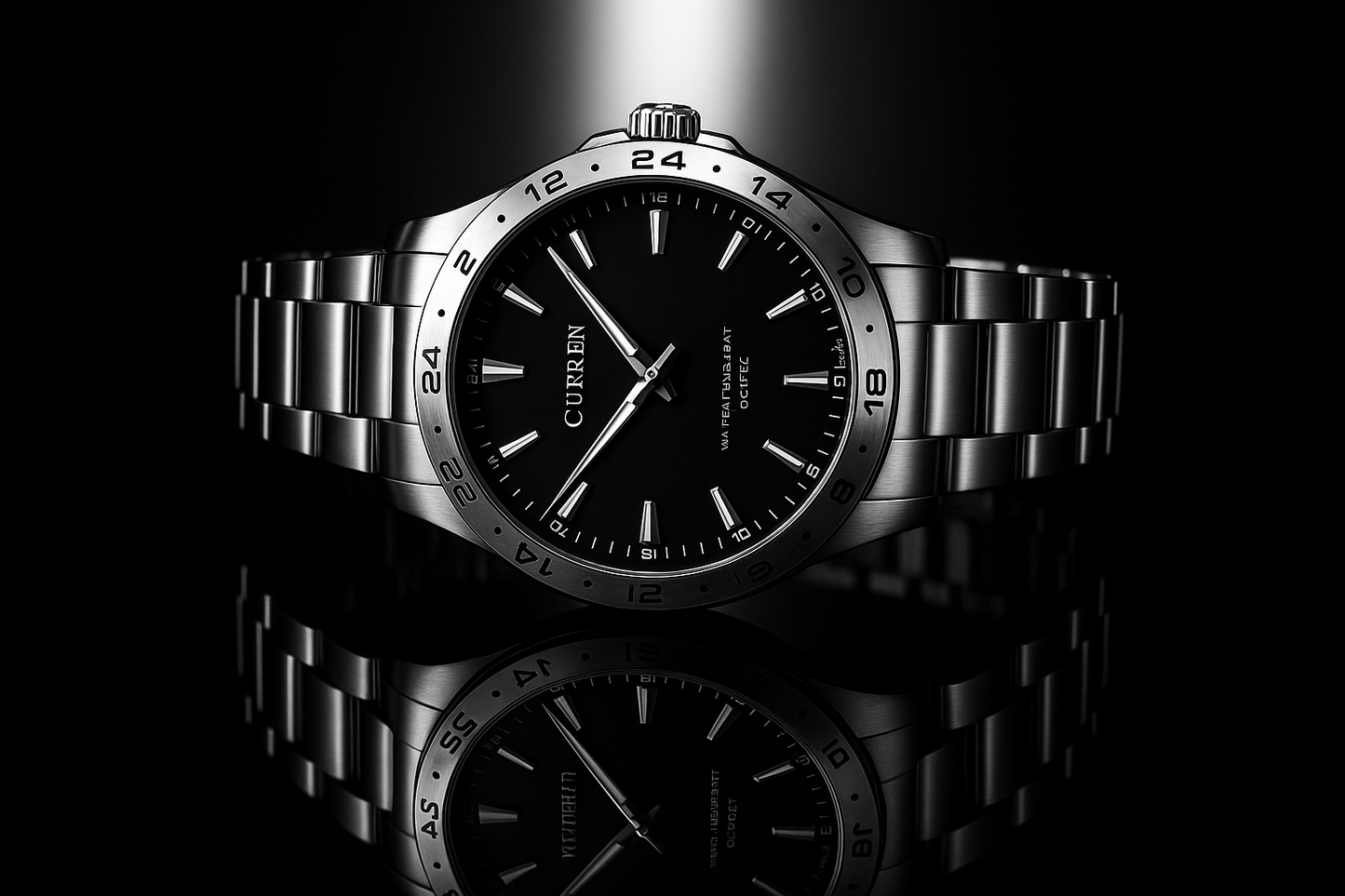 Silver watch with black face on a reflective surface against a dark background