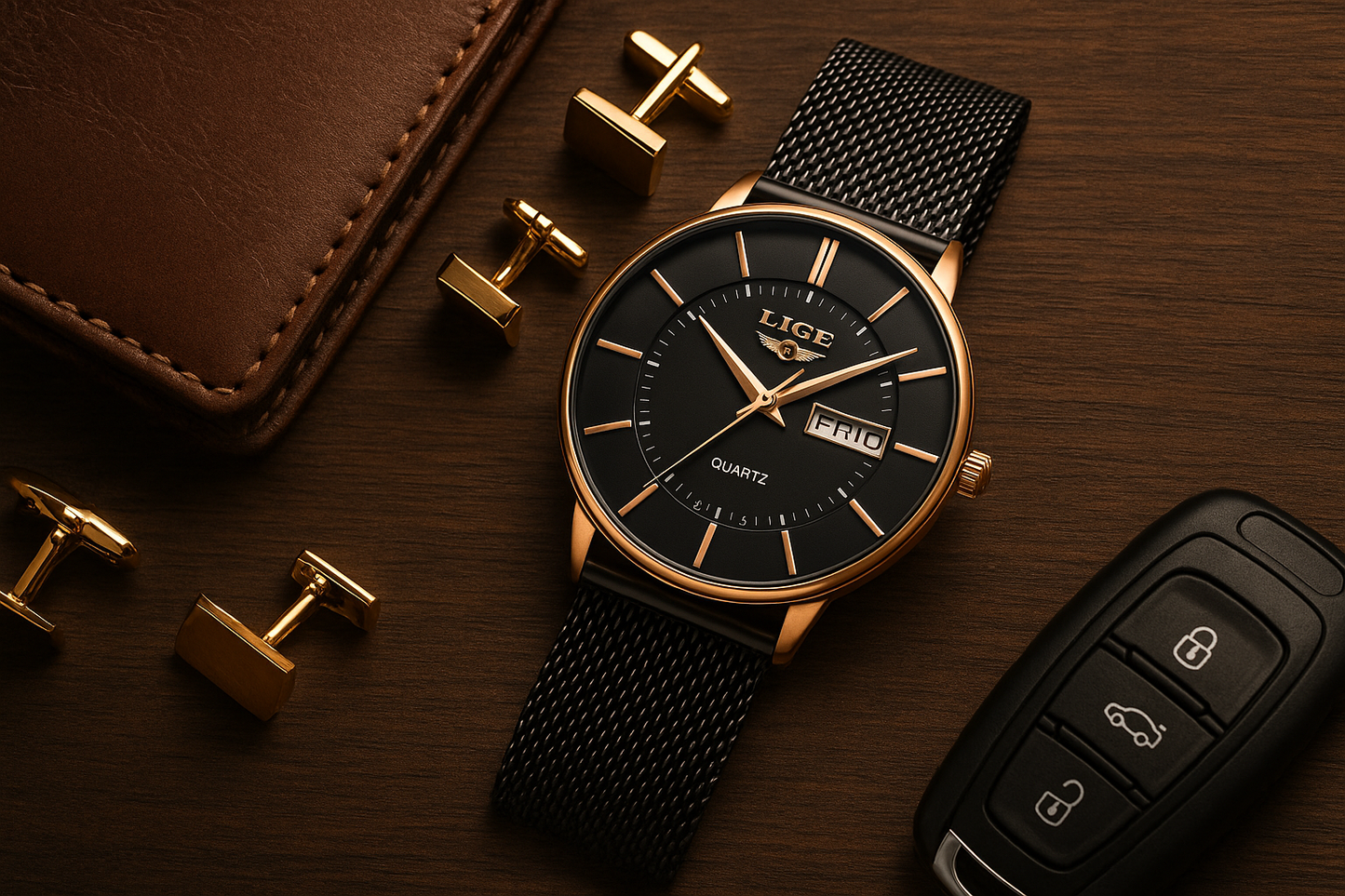 Black watch with gold accents on a wooden surface, surrounded by cufflinks and a car key fob.