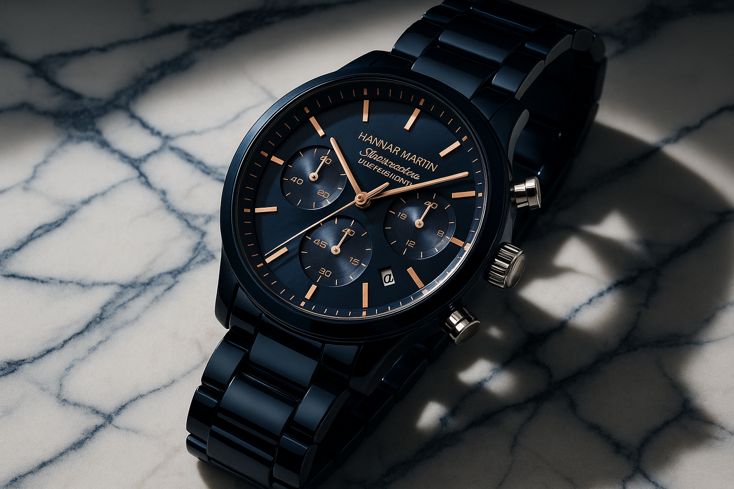 Black chronograph watch blue subdials minimalist luxury design men
