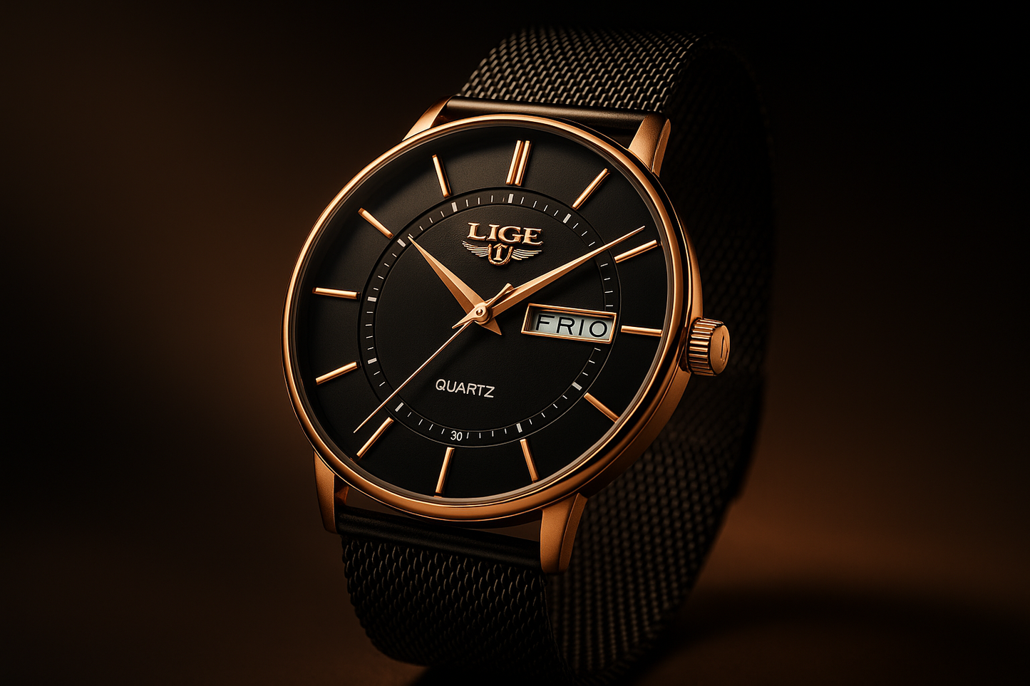 Luxury watch with black face and rose gold accents on a dark background
