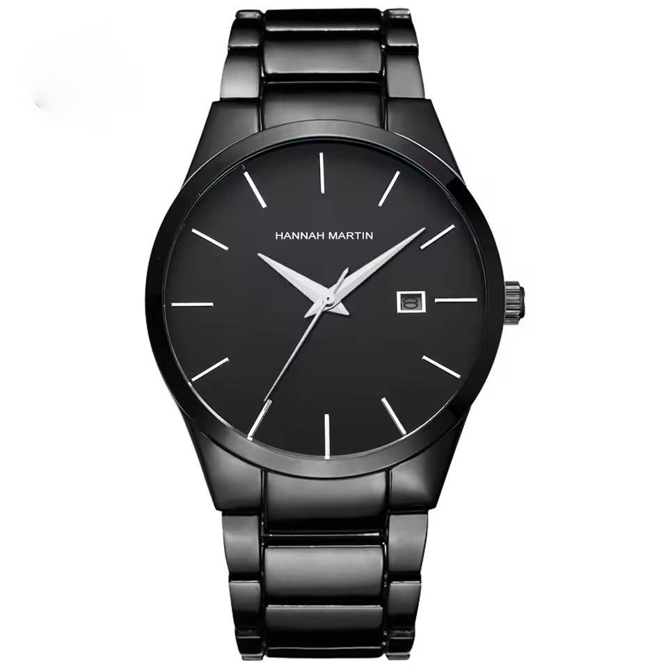 Minimalist black stainless steel watch with date display