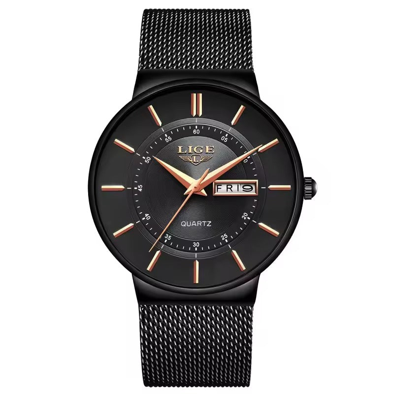 Black watch with rose gold accents on a white background
