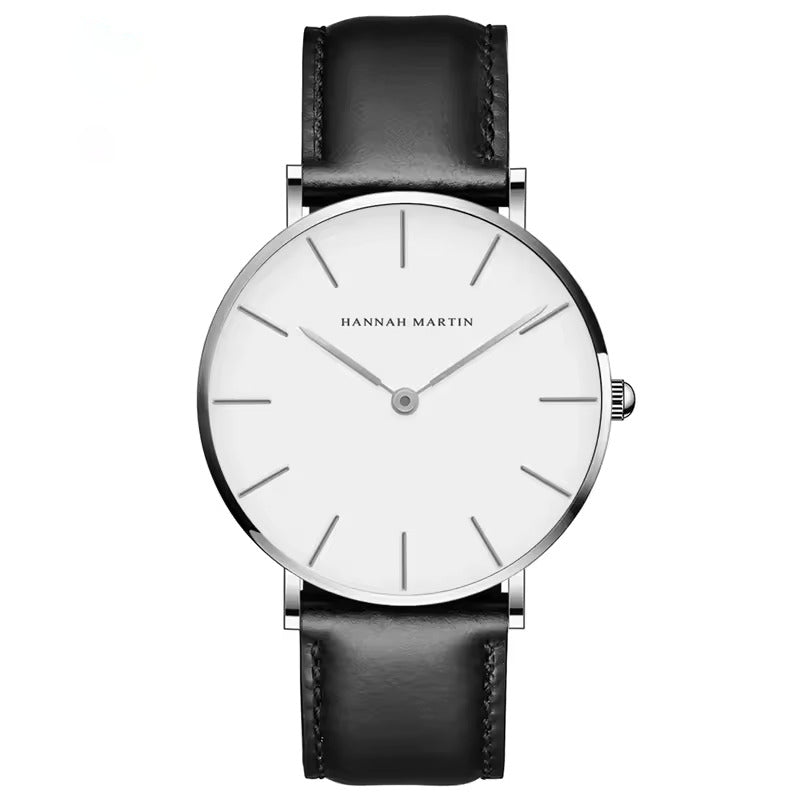 Wristwatch with black leather strap and white dial on a white background