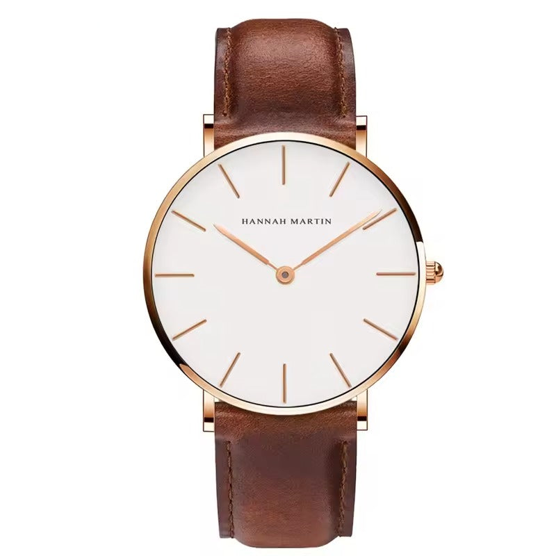 Wristwatch with brown leather strap and white dial on a white background