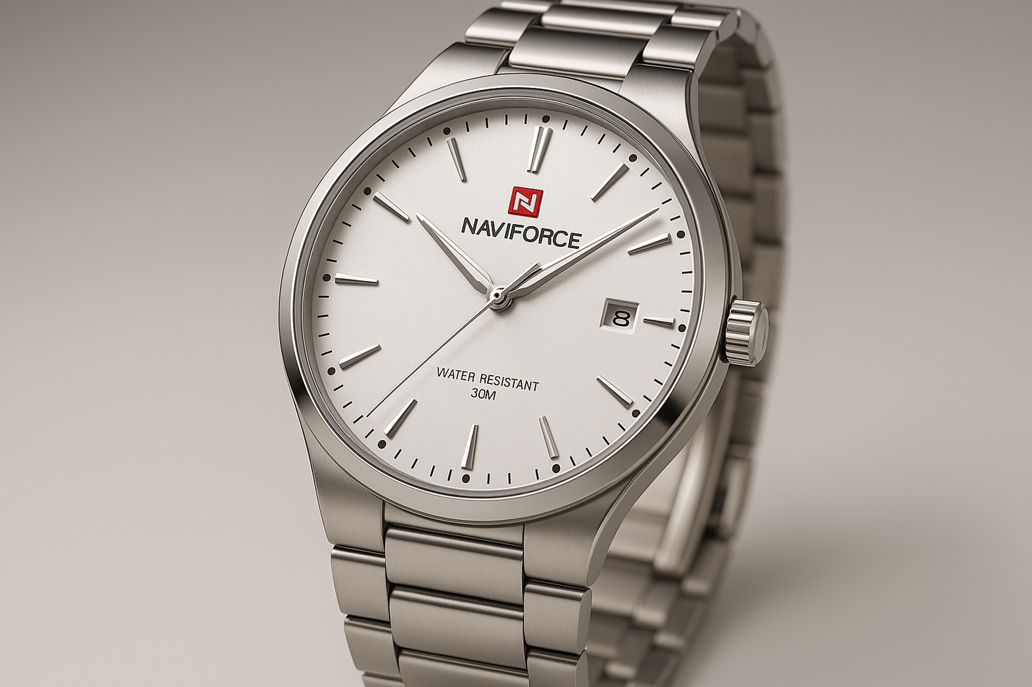 Silver watch with a white dial on a gray background
