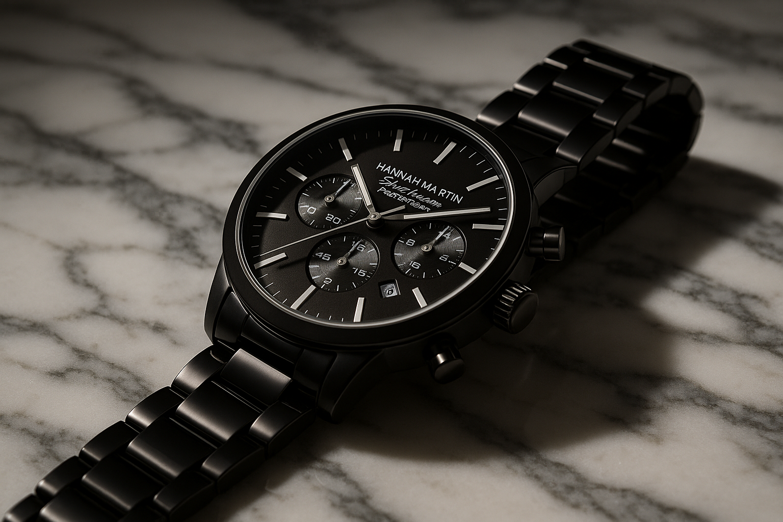 Premium black chronograph watch luxury minimalist design angle view