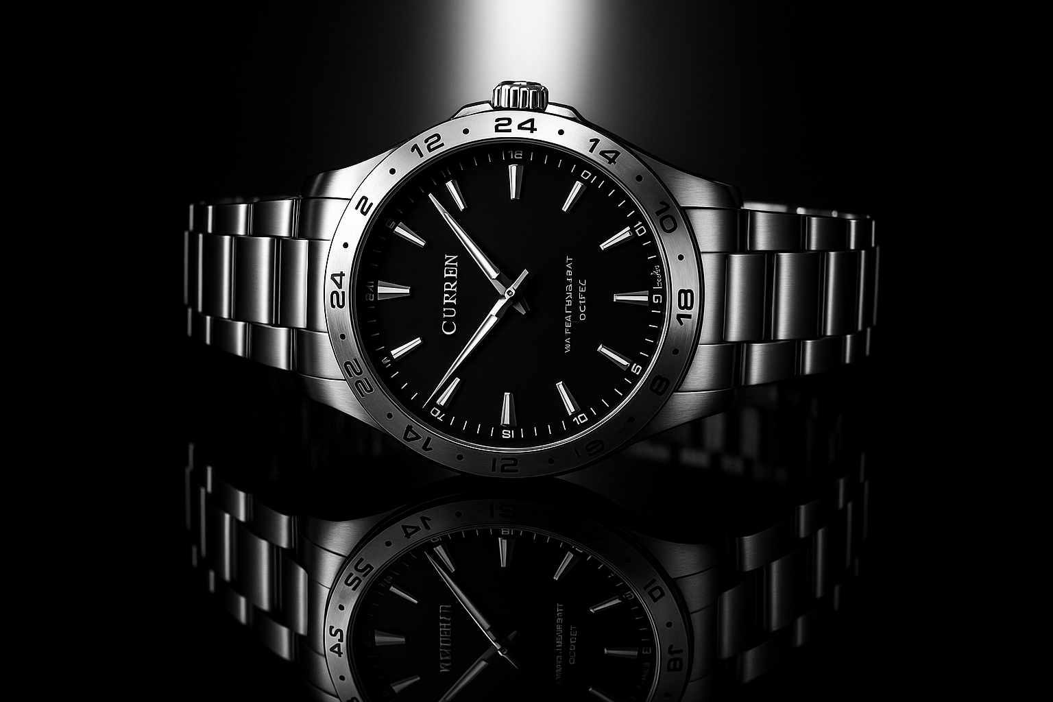Silver watch with black face on a reflective surface against a dark background