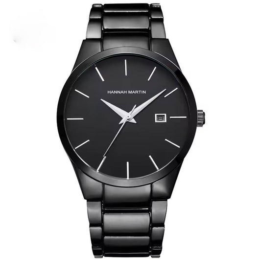 Minimalist black stainless steel watch with date display

