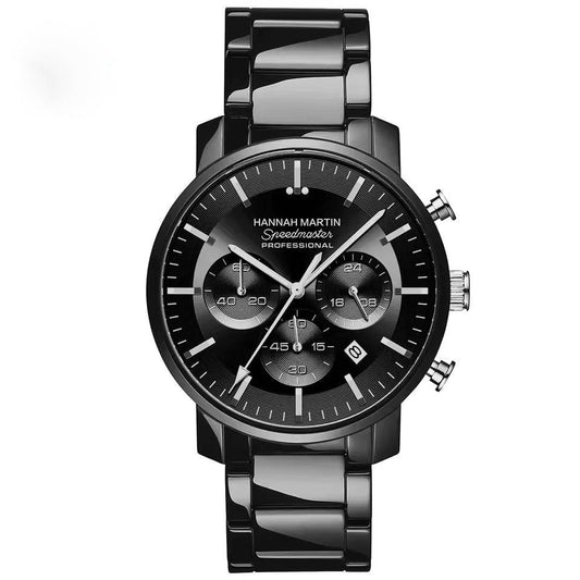 A black chronograph watch with a stainless steel alloy case and strap, featuring a deep black dial with white text and markers, a date display, and stopwatch functionality.