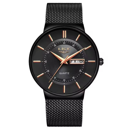 Black watch with rose gold accents on a white background
