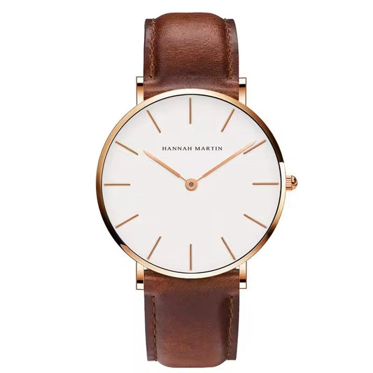 Wristwatch with brown leather strap and white dial on a white background