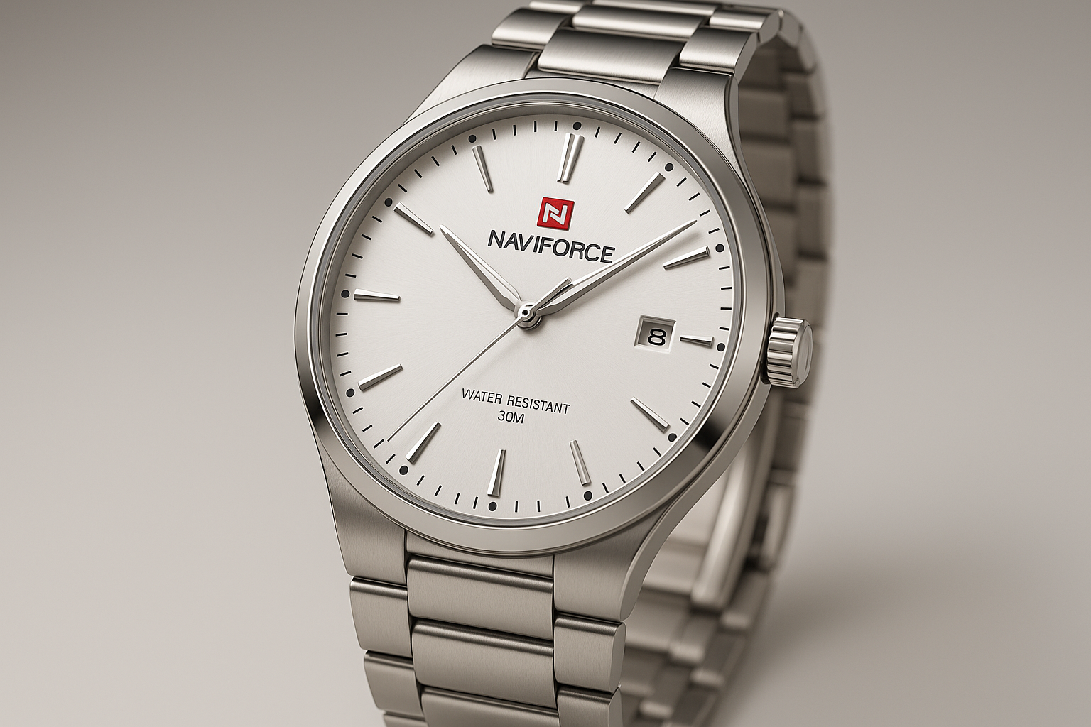 Silver watch with a white dial on a gray background